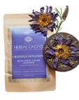Herbal Cacao product with blue lotus flower and packaging on a transparent background