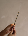 Hand holding a black incense stick against a beige background