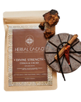 Herbal Cacao product with packaging and ingredients on a transparent background