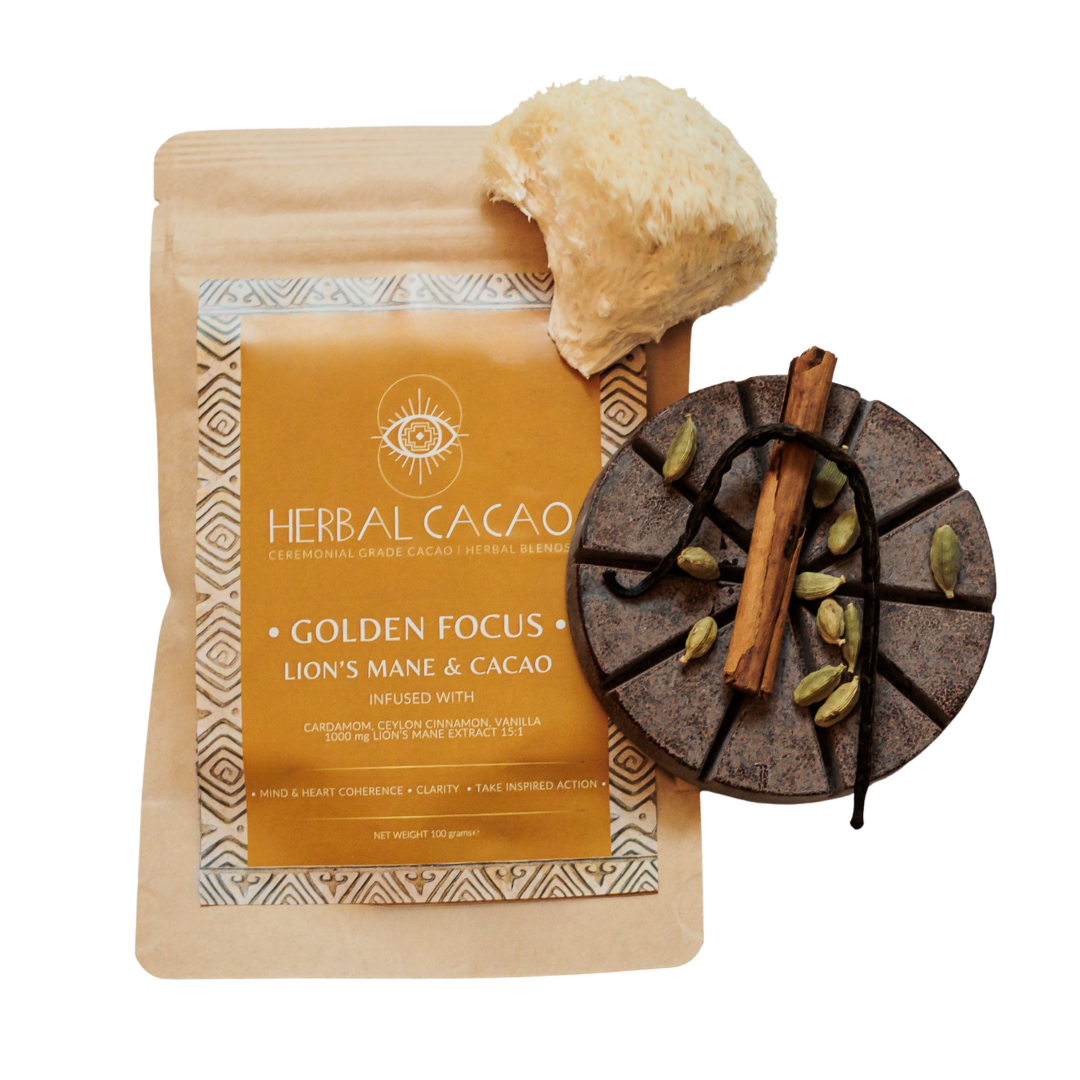 Ceremoniële Lion's Mane Cacao 100g | Golden Focus Blend – Herbal Cacao