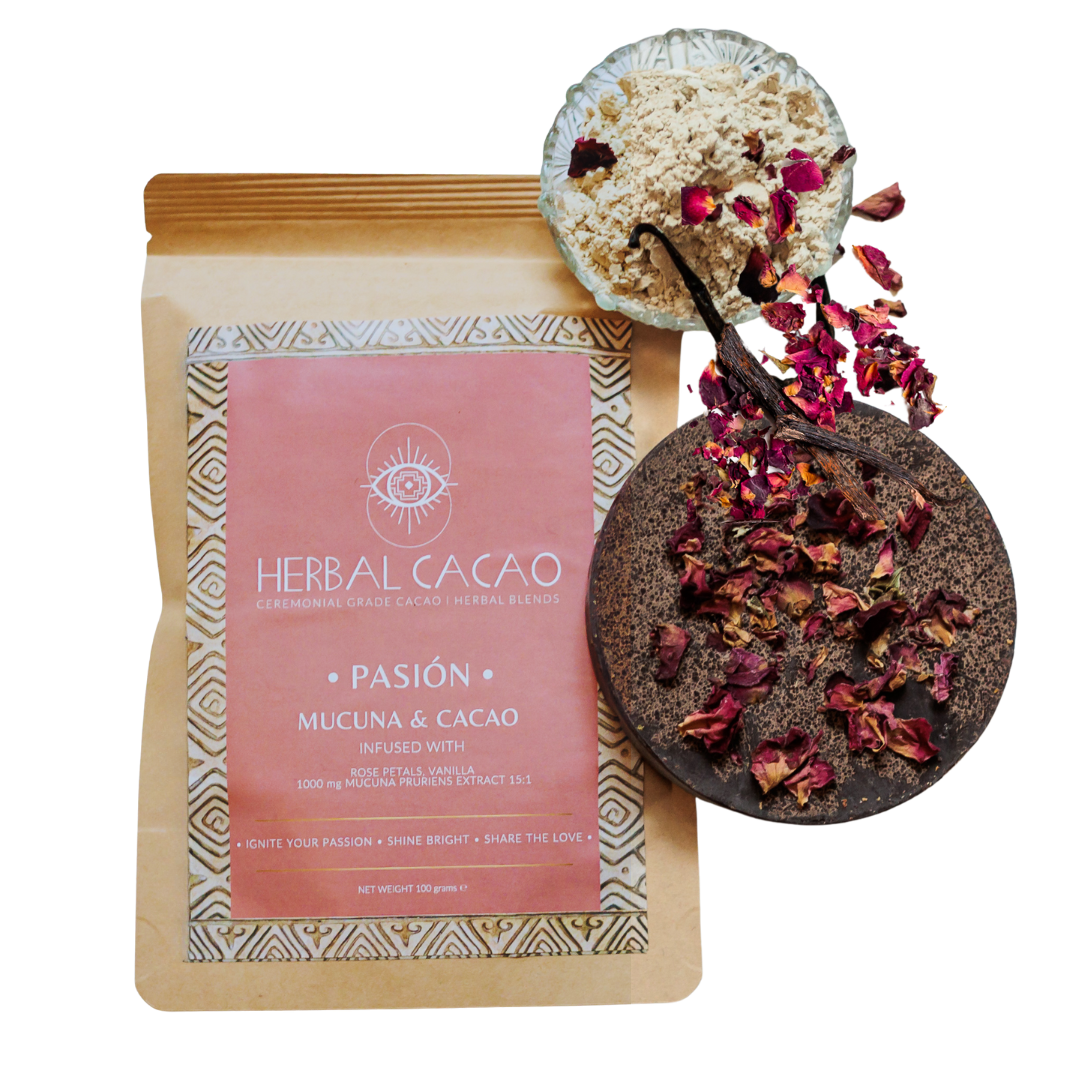 Herbal Cacao packaging with a close-up of a cacao disc and dried rose petal flowers on a transparent background