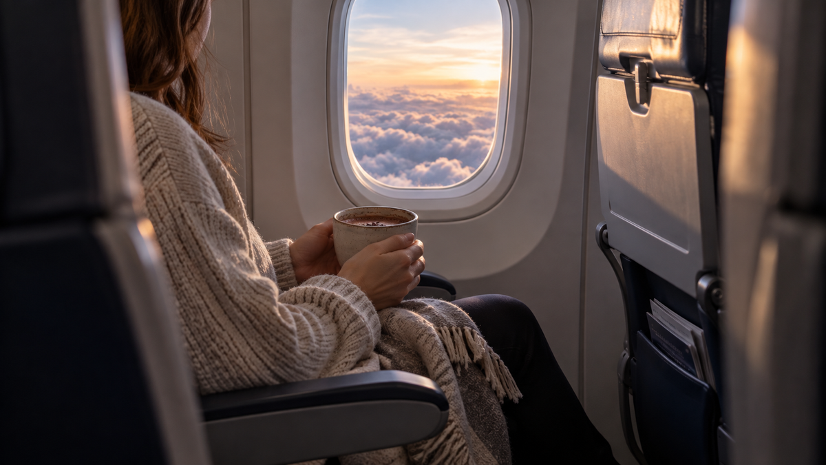 A woman on a flight, looking out the window at a sunrise, enjoying a cup of cacao with chaga.