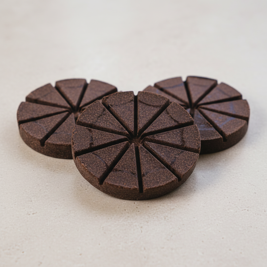 ceremonial cacao cut into wedges on a textured surface