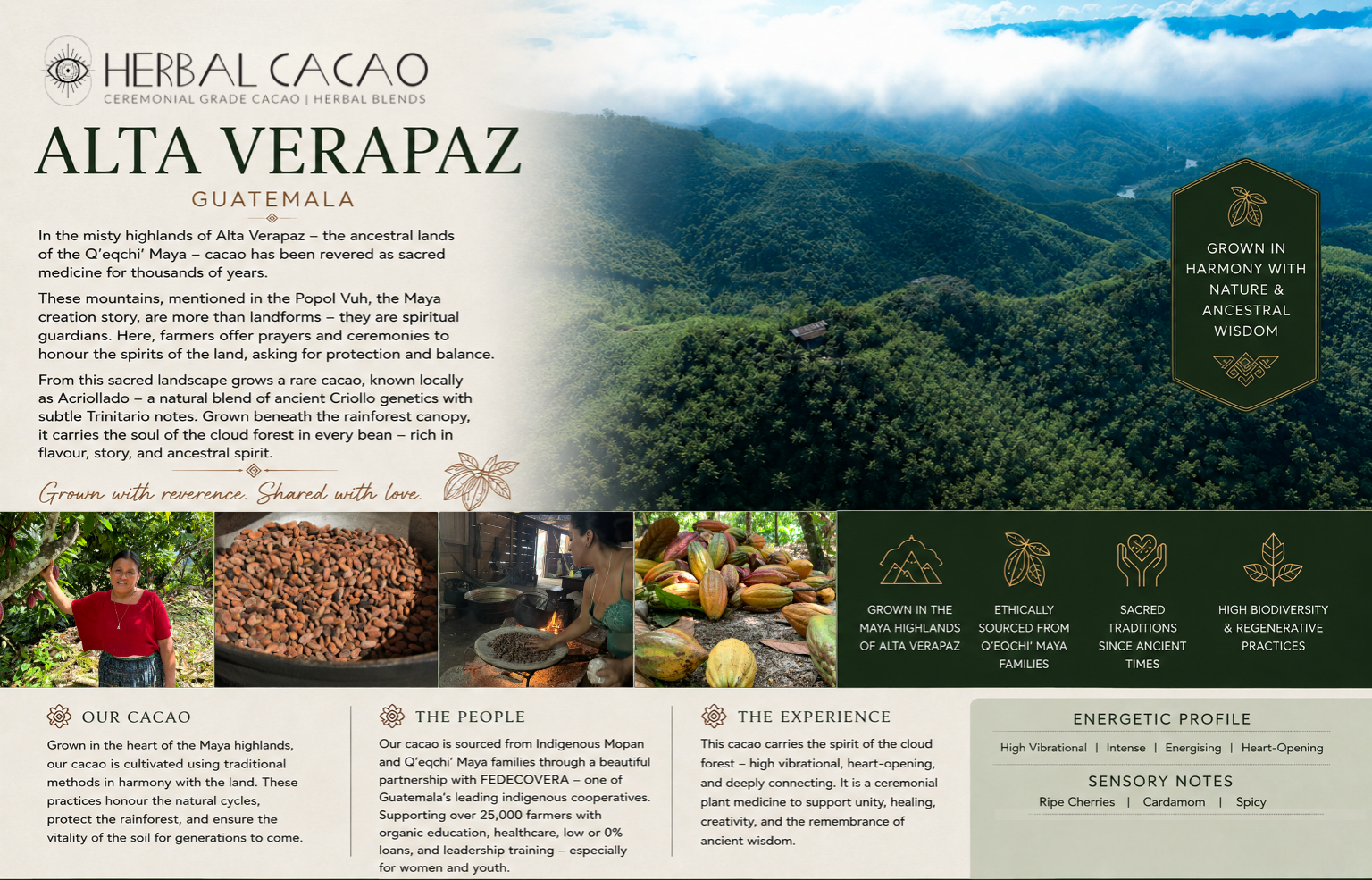 Herbal Cacao product description with scenic mountain landscape and people working.