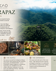 Herbal Cacao product description with scenic mountain landscape and people working.