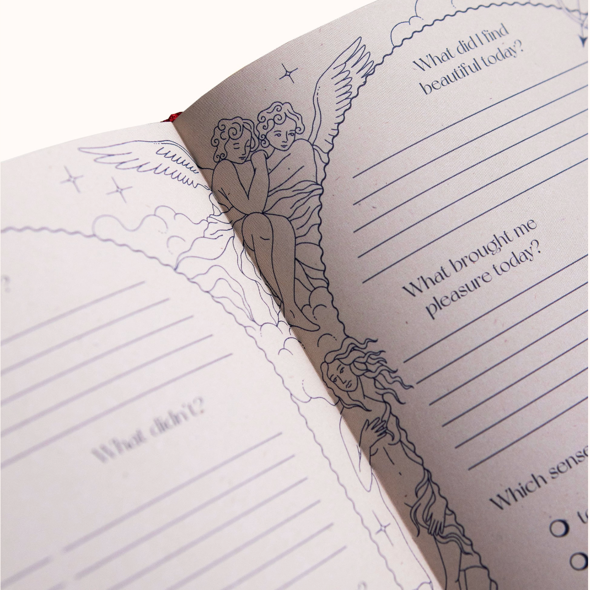 Open journal with angel illustration and writing prompts on a white background