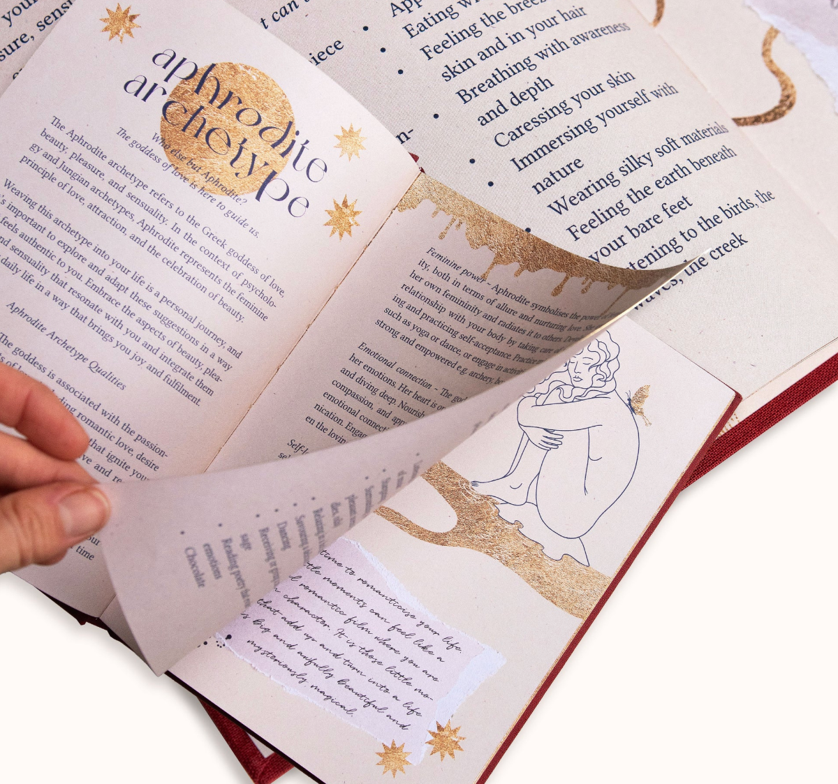 Open journal with decorative text and illustrations on a white background
