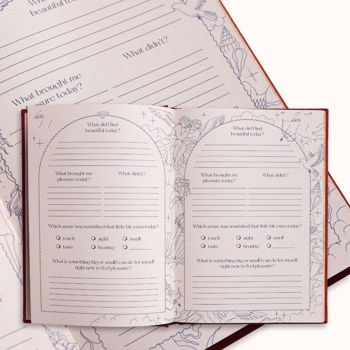 Open journal with questionnaire-style pages on a white background