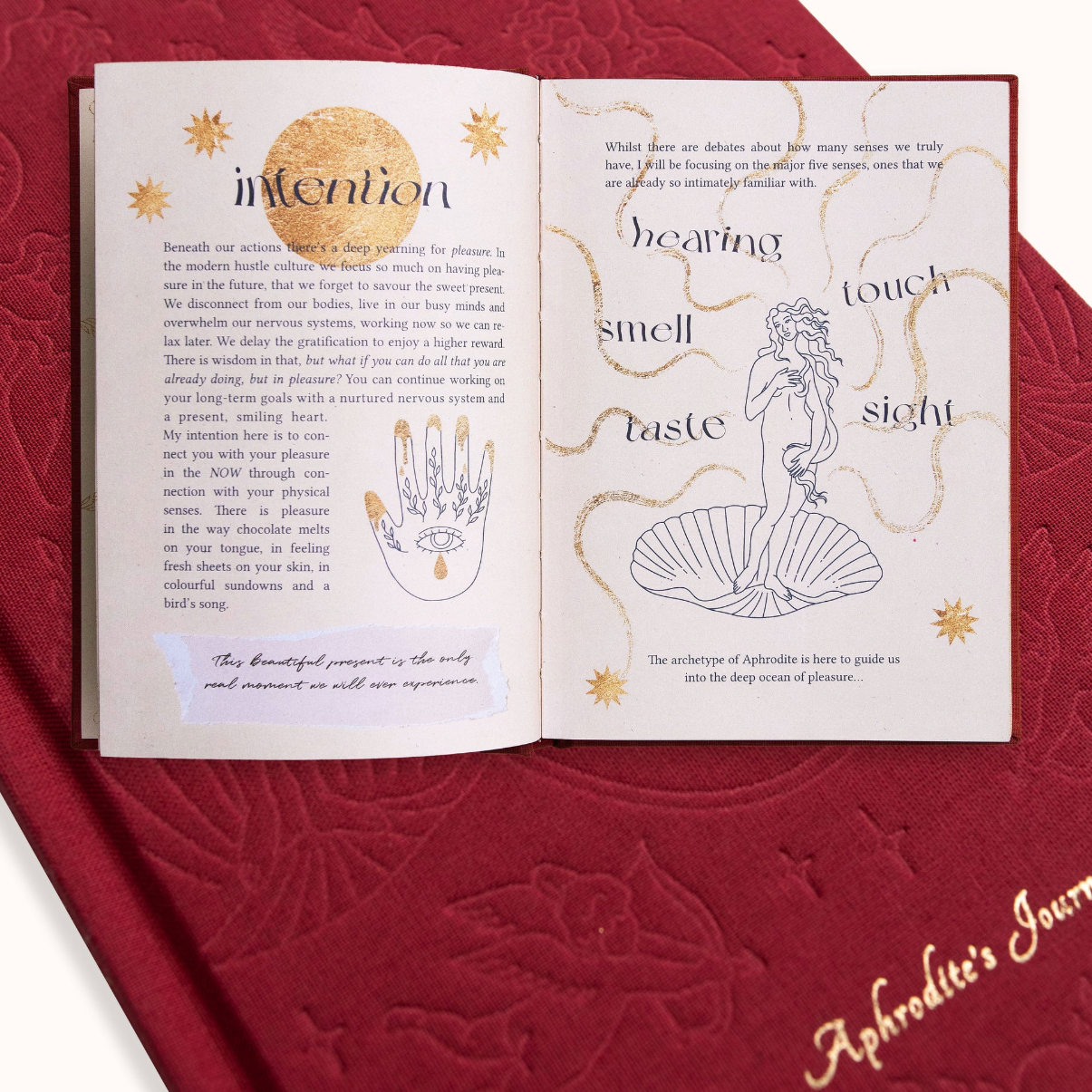 Open journal with philosophical text and illustrations on a red embossed surface