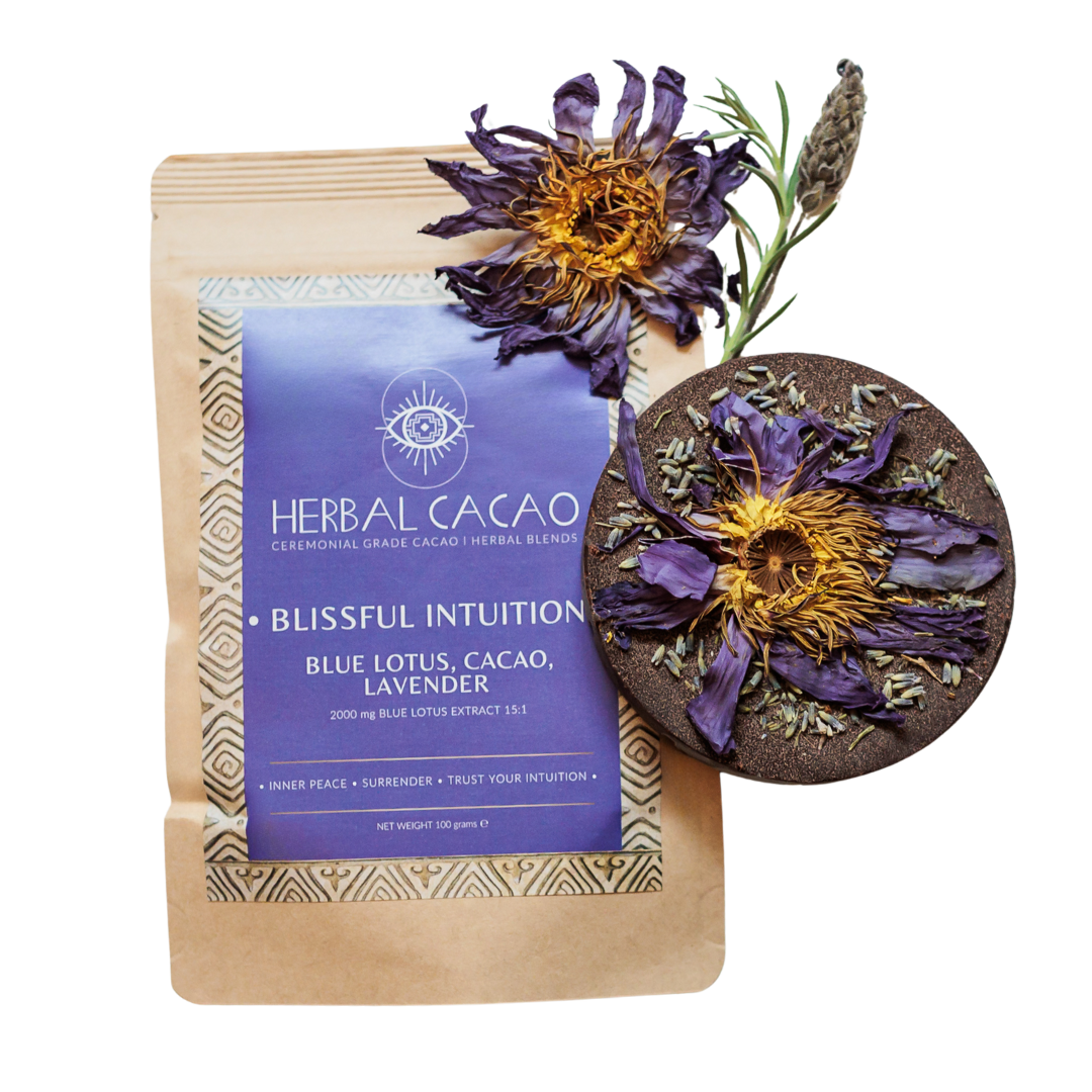 Herbal Cacao product with blue lotus flower and packaging on a transparent background