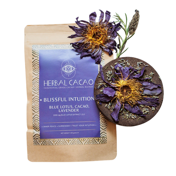 Blissful Intuition ceremonial cacao with Blue Lotus 100g packaging by Herbal Cacao