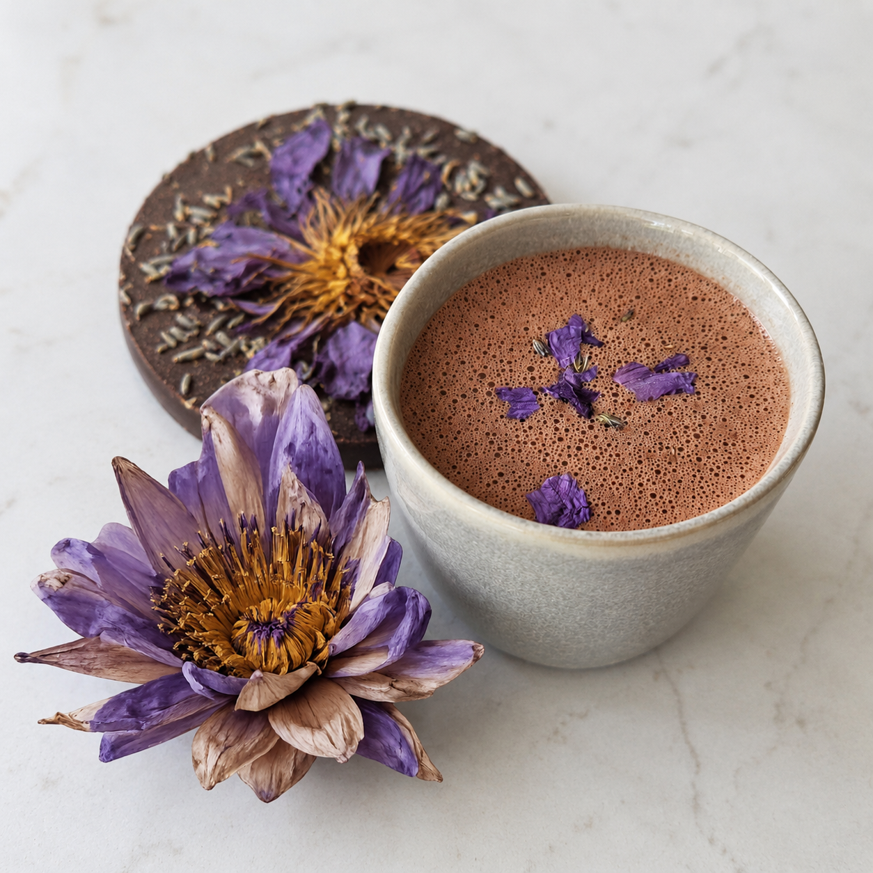 Cup of Blue Lotus, with lavender and ceremonial cacao on a marble surface