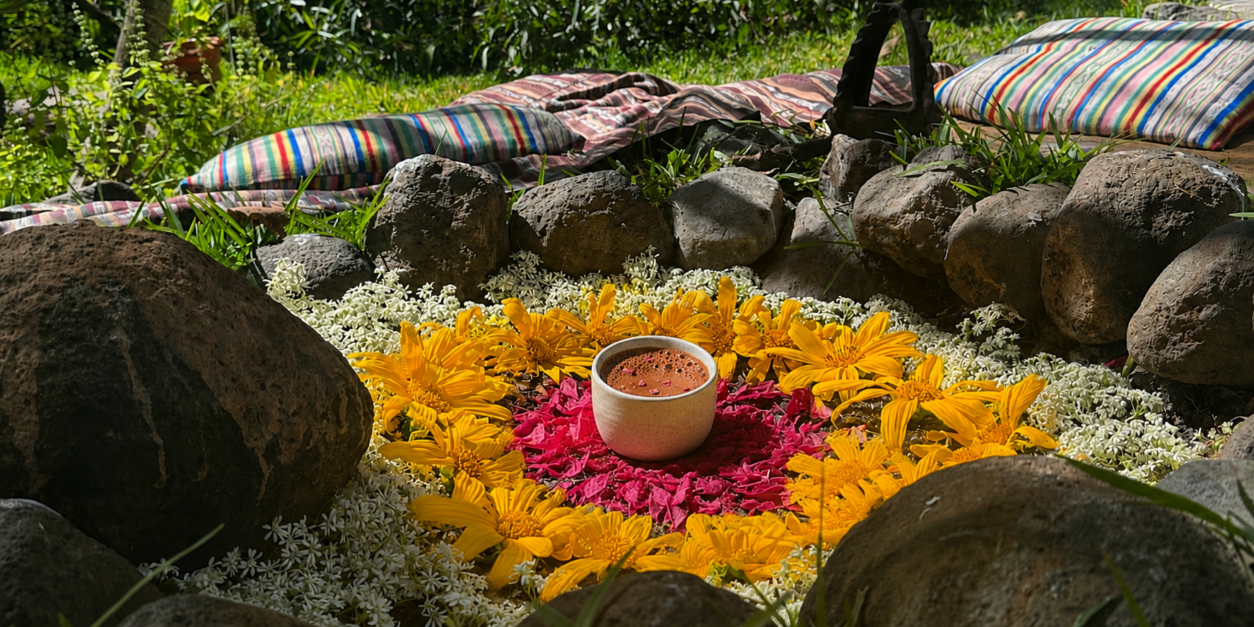 Ceremonial cacao setup with flowers, a cup of cacao, and stones in a natural setting