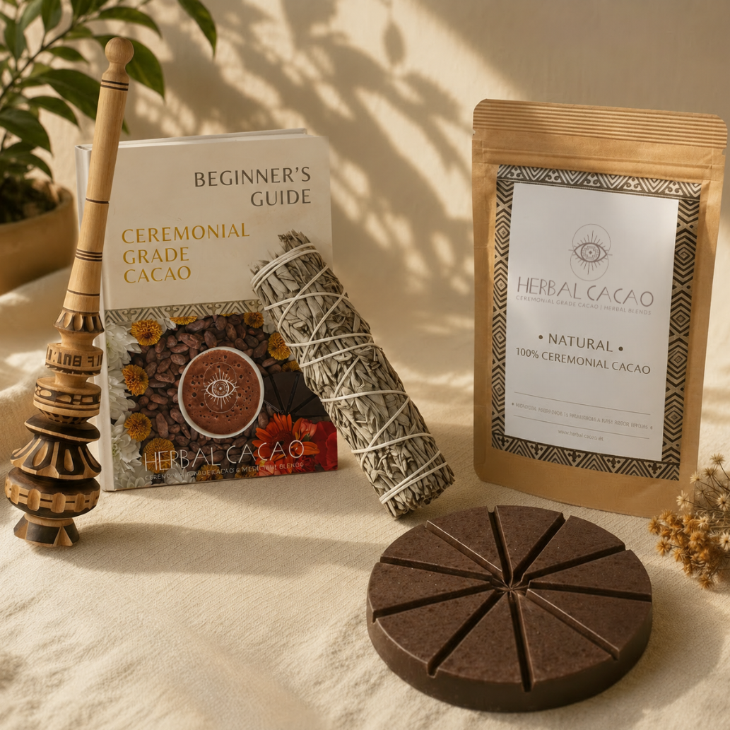Ceremonial grade cacao products including a book, packaging, and smudge and molinillo on a textured surface.