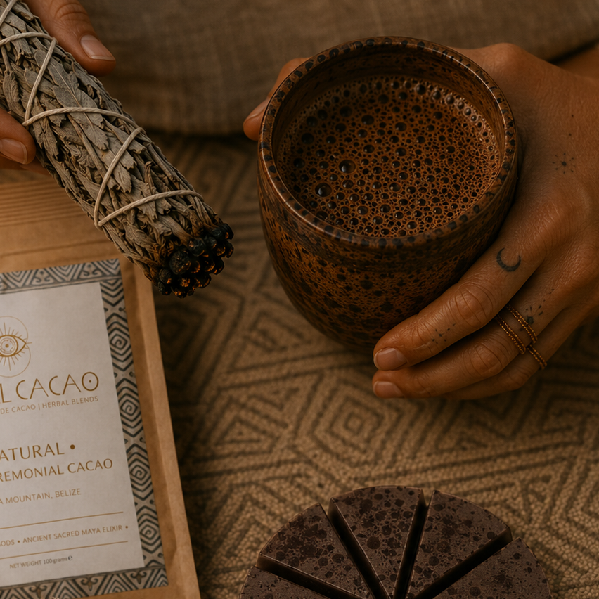 Person holding a cup of cacao with a sage bundle and a Herbal Cacao packaging on a textured surface.