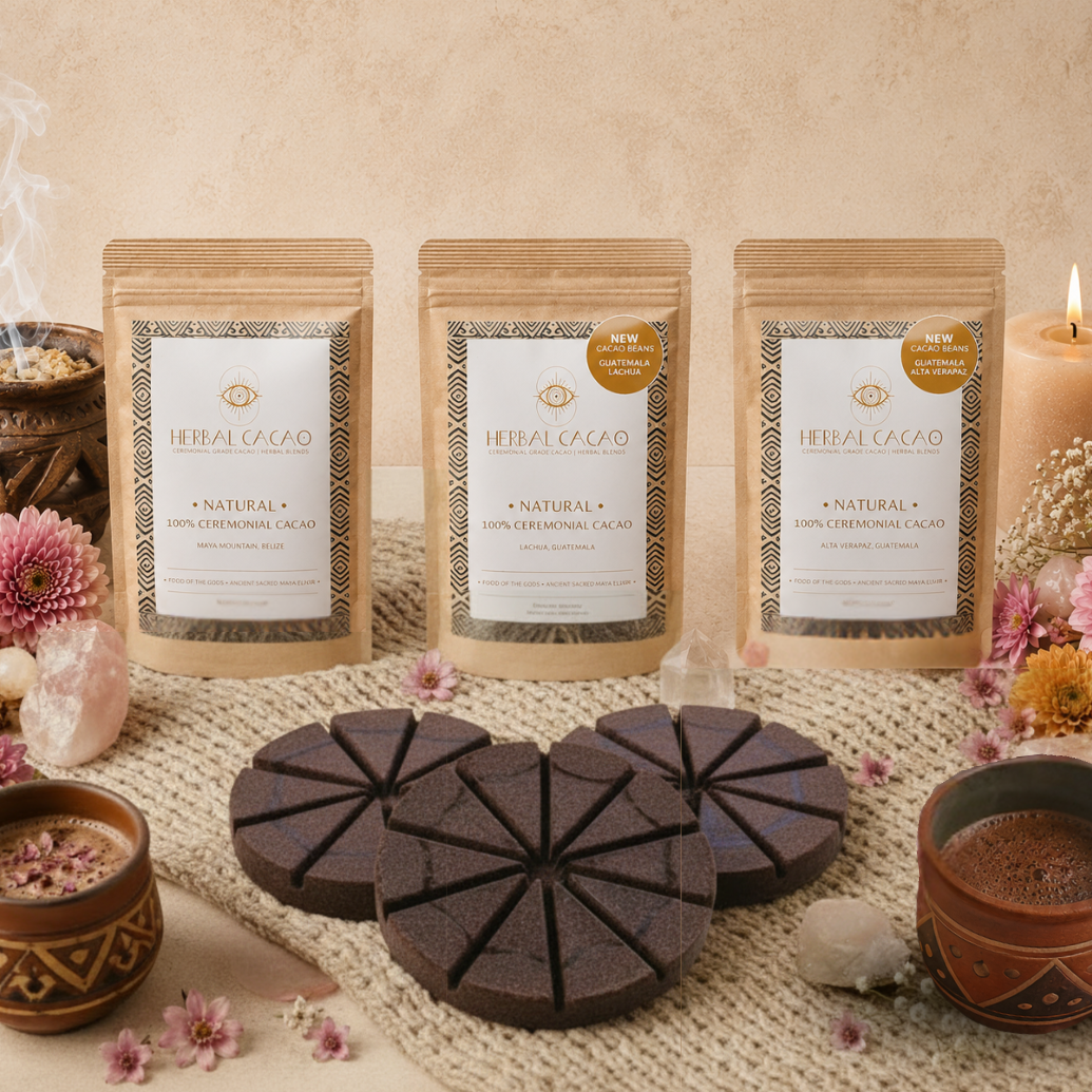 Herbal Cacao products with packaging, chocolate bars, and candles on a textured surface.