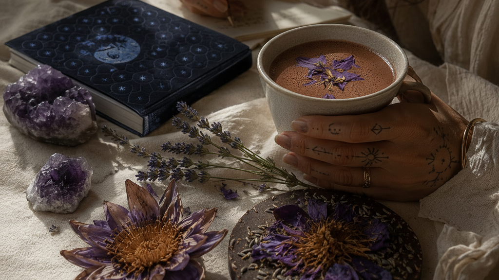 Person holding a cup of cacao with blue lotus with lavender flowers, surrounded by amethyst crystals and a dream journal on a textured surface.