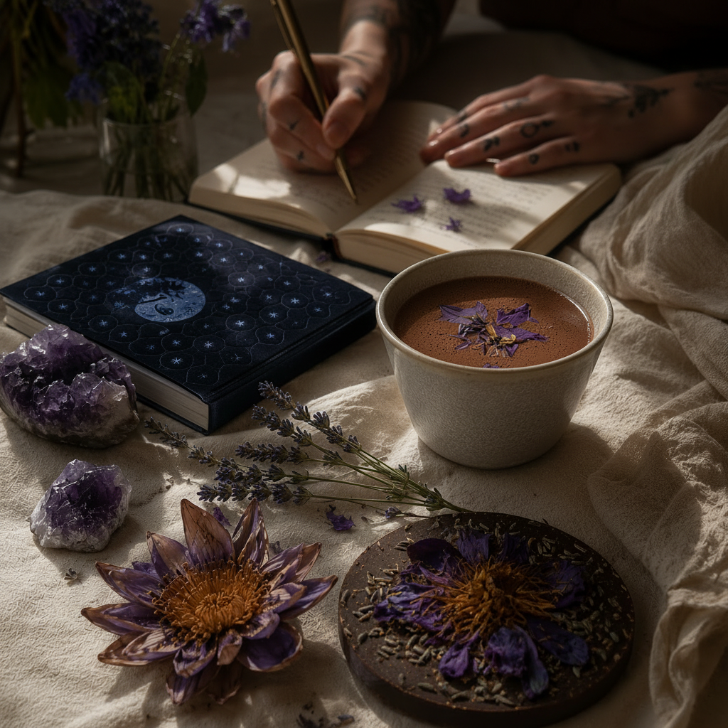 Person writing in a journal with a cup of cacao, blue lotus flowers, and crystals on a table.