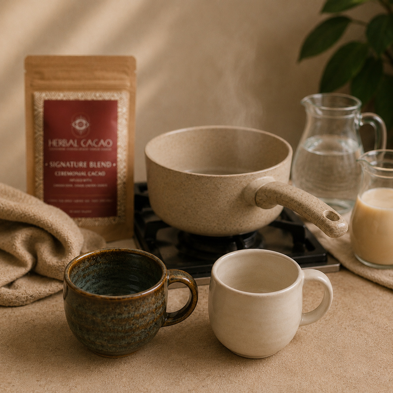 Ceramic pot, mugs, and a package of Herbal Cacao on a wooden surface.