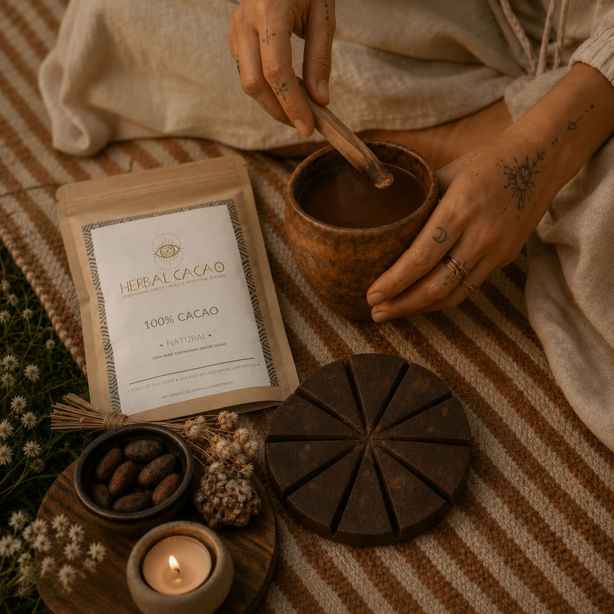 Person holding a cup of cacao with a label for 'Herbal Cacao' on a textured surface.
