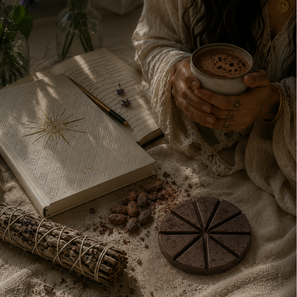 Person holding a cup of ceremonial cacao close to heart with a gratitude journal and a smudge stick on a textured surface.