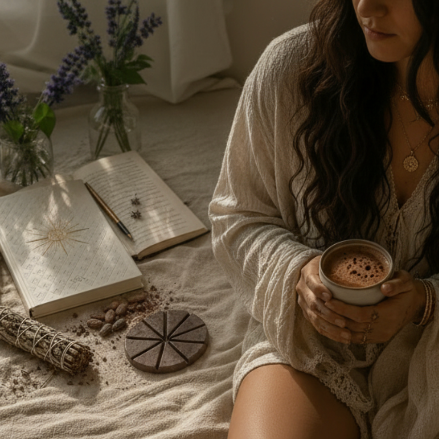 Woman in a robe holding a cup of cacao on a bed with books and flowers.