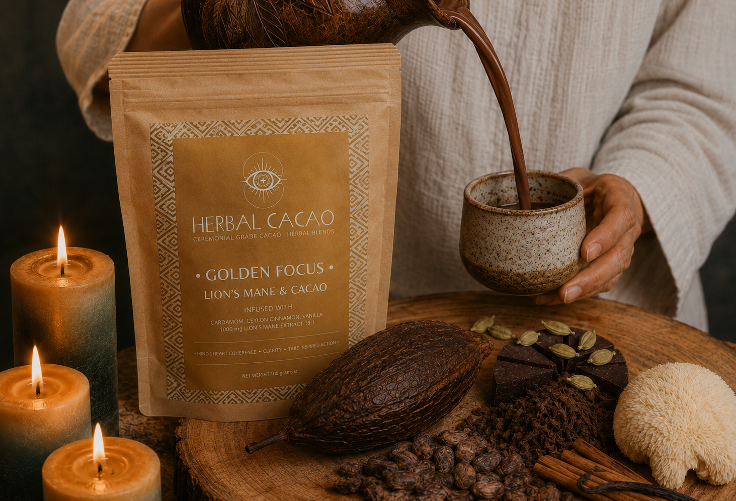 Pouring a cacao drink from a ceramic cup with a Herbal Cacao package, cacao beans, lionsmane mushroom, candles and cacao paste  on a wooden surface.