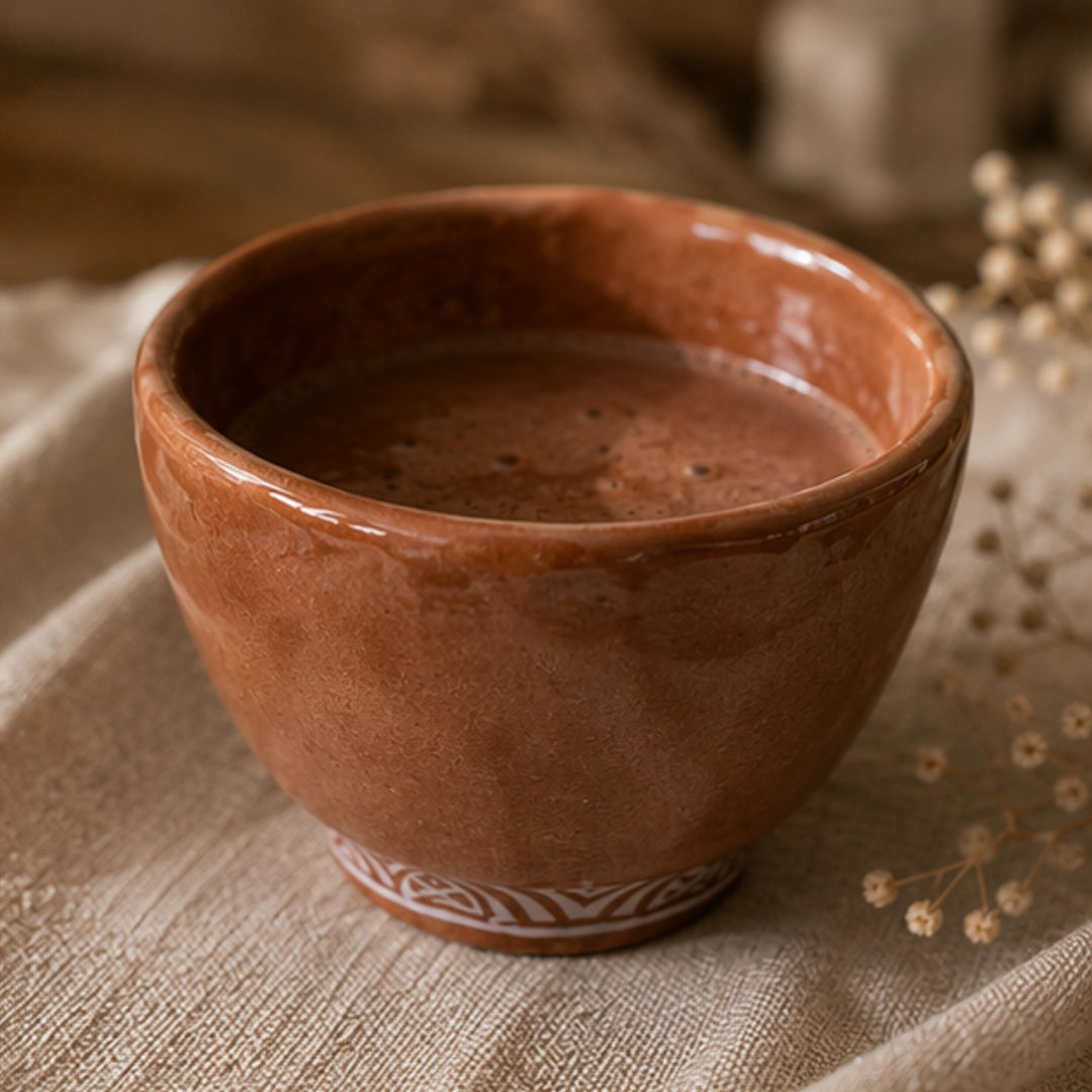 A handmade terracotta brown ceramic cacao cup with a glossy finish and a white patterned base, filled with cacao and resting on a textured beige linen cloth.