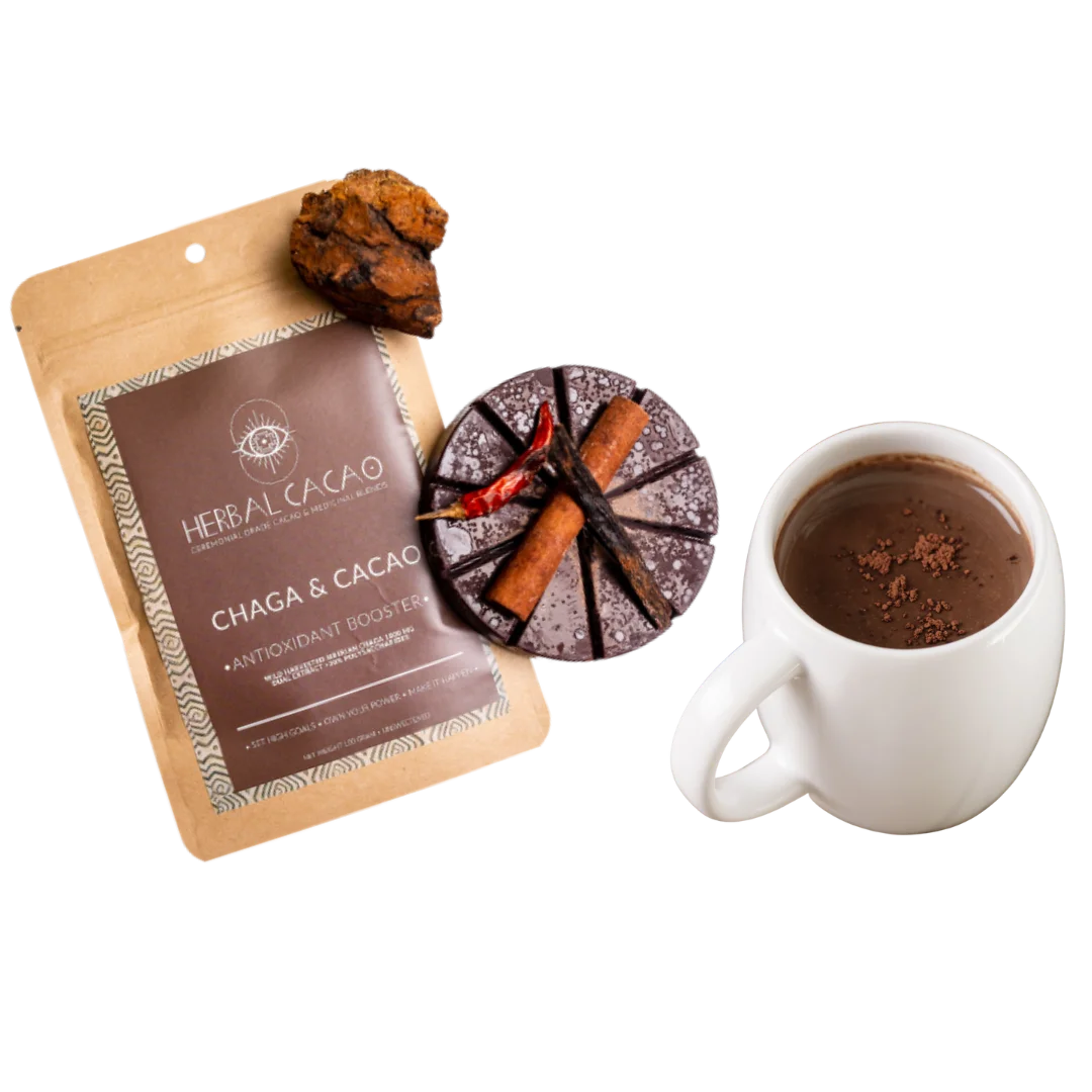 Chaga & ceremonial grade cacao create a powerful combo. Chaga, with the highest antioxidant content of any food, boosts immune regulation alongside cacao's health benefits.