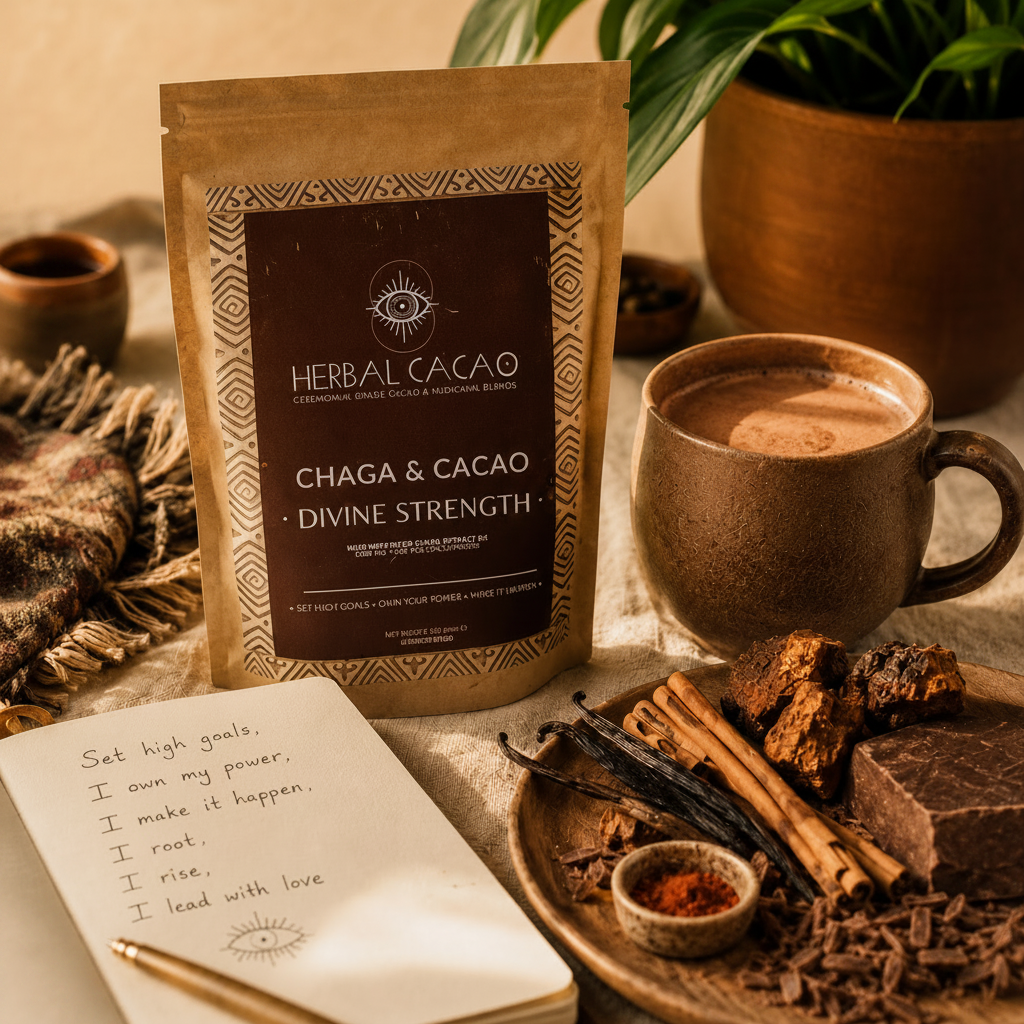 Herbal Cacao Chaga & Cacao package with a cup of cacao, ingredients, and a notebook on a rustic surface.