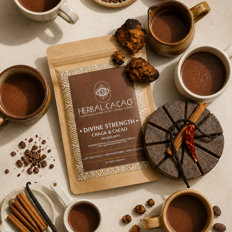 Herbal Cacao packaging surrounded by cacao, chaga, and ingredients on a beige surface.