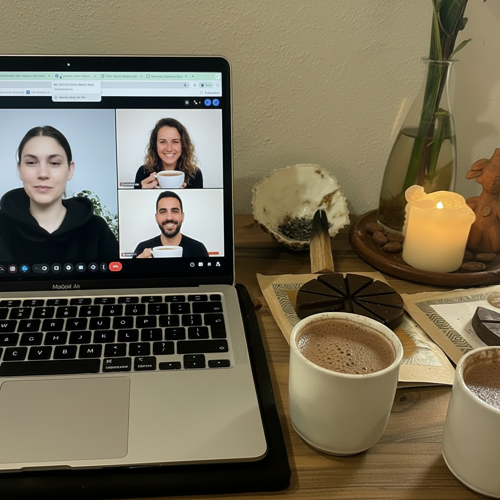 Laptop with a video call open, surrounded by two cups of cacao, a candle, and decorative items.