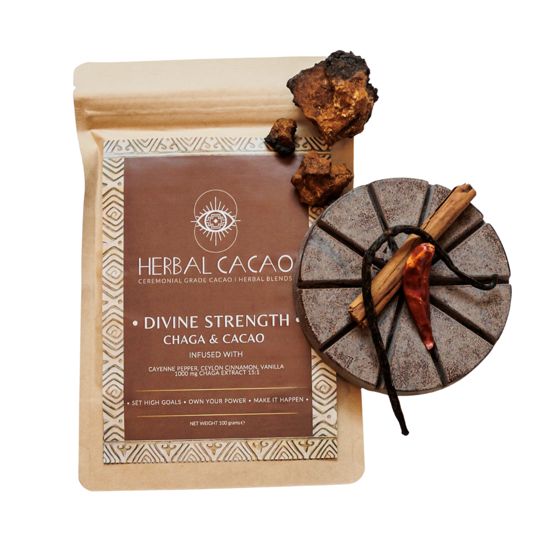 Herbal Cacao product with packaging and ingredients on a transparent background