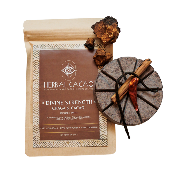 Divine Strength ceremonial cacao with Chaga 100g packaging by Herbal Cacao