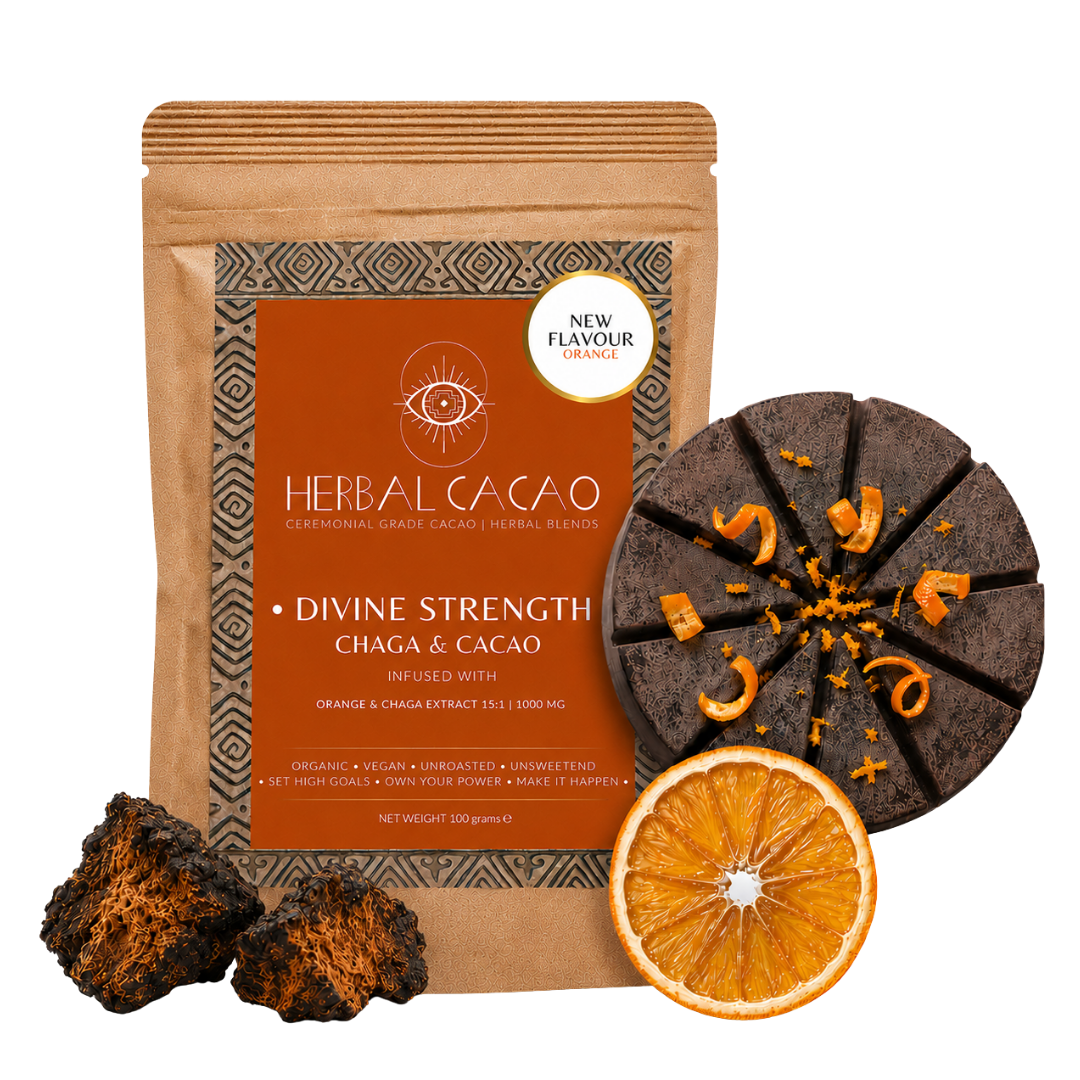 A pouch of Herbal Cacao Divine Strength Chaga & Cacao, orange blends, shown with two dark brown chaga root pieces and a dried orange slice on a clean white background.
