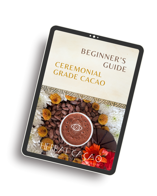 Tablet displaying a 'Beginner's Guide to Ceremonial Grade Cacao' on a white background