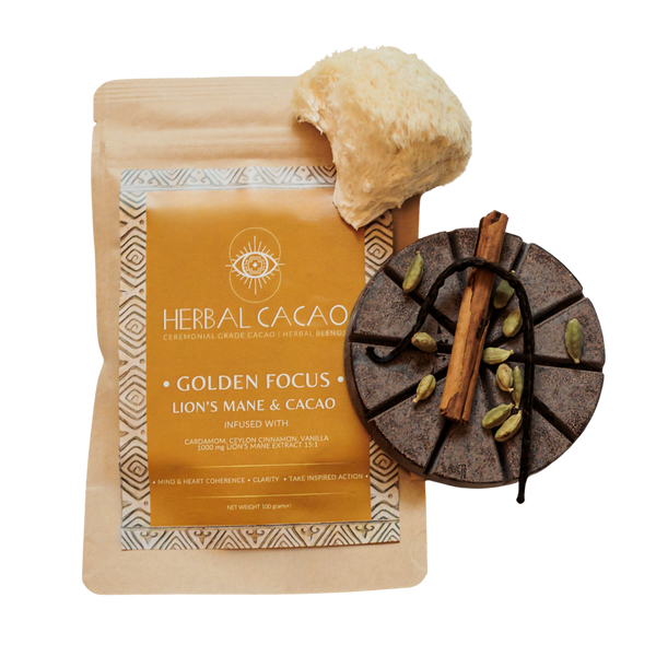 Golden Focus ceremonial cacao with Lion's Mane 100g packaging by Herbal Cacao