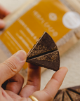 Hand holding a triangular piece of cacao golden focus with a blurred background