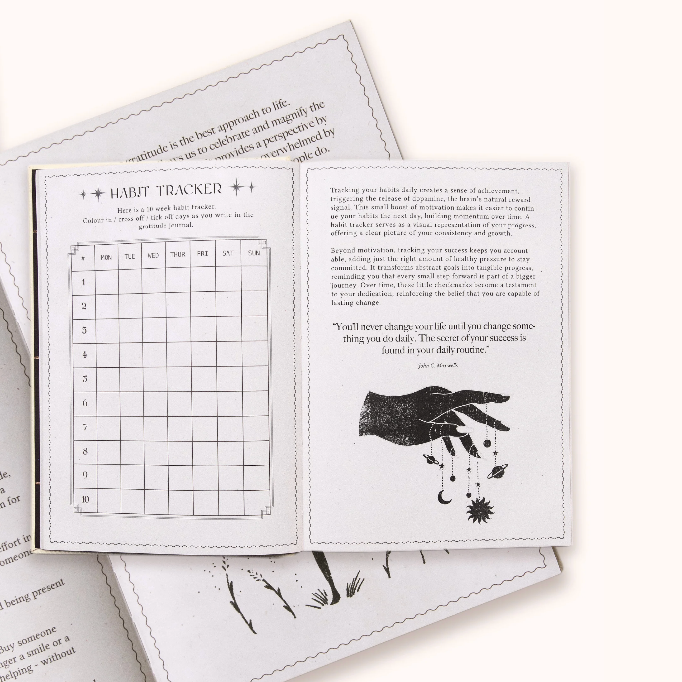 Open Gratitude Journal with habit tracker and black and white illustrations on a white background