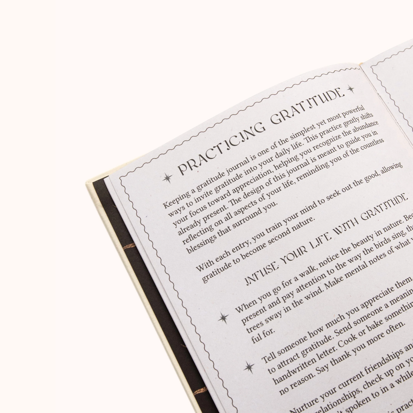 Book Gratitude Journal to a page with text on practicing gratitude on a white background