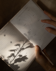 Open GratitudeJournal with plant shadows on a dark surface