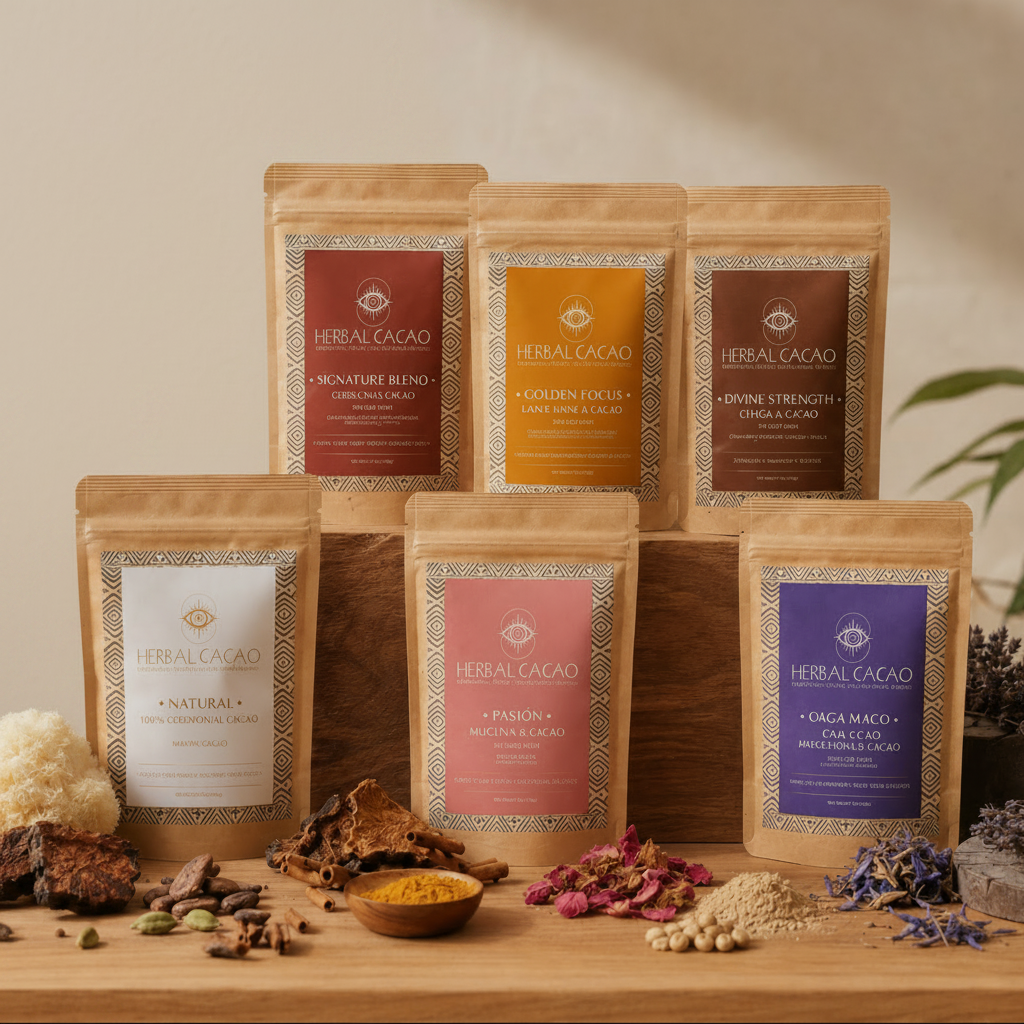 Collection of Herbal Cacao packaging on a wooden surface with natural elements.
