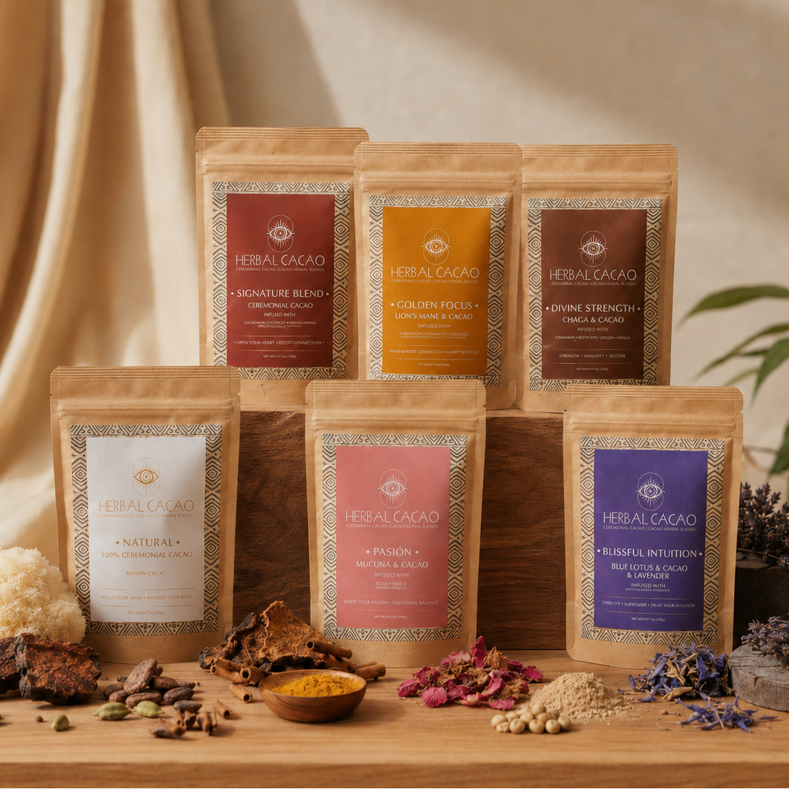 Collection of Herbal Cacao packaging on a wooden surface with natural elements.