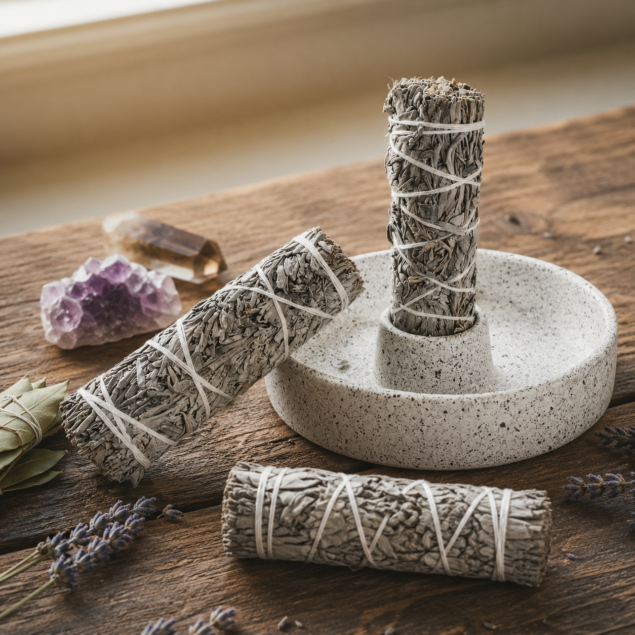 Smudge sticks on a wooden surface with crystals and lavender.