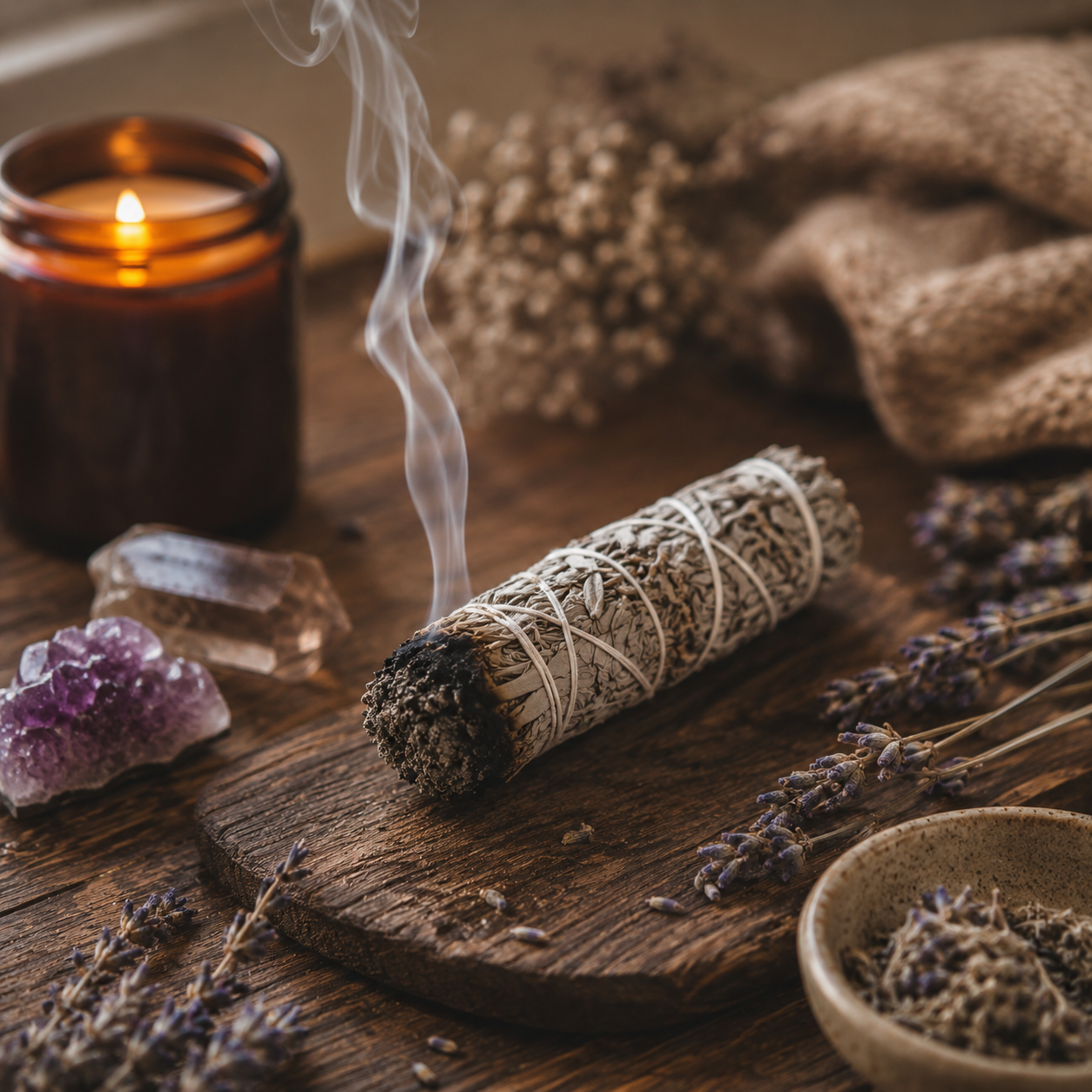 Sage bundle, candle, crystals, and lavender on a wooden surface