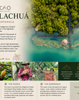 Herbal Cacao infographic of Laguna Lachua, featuring text and images of people and nature.