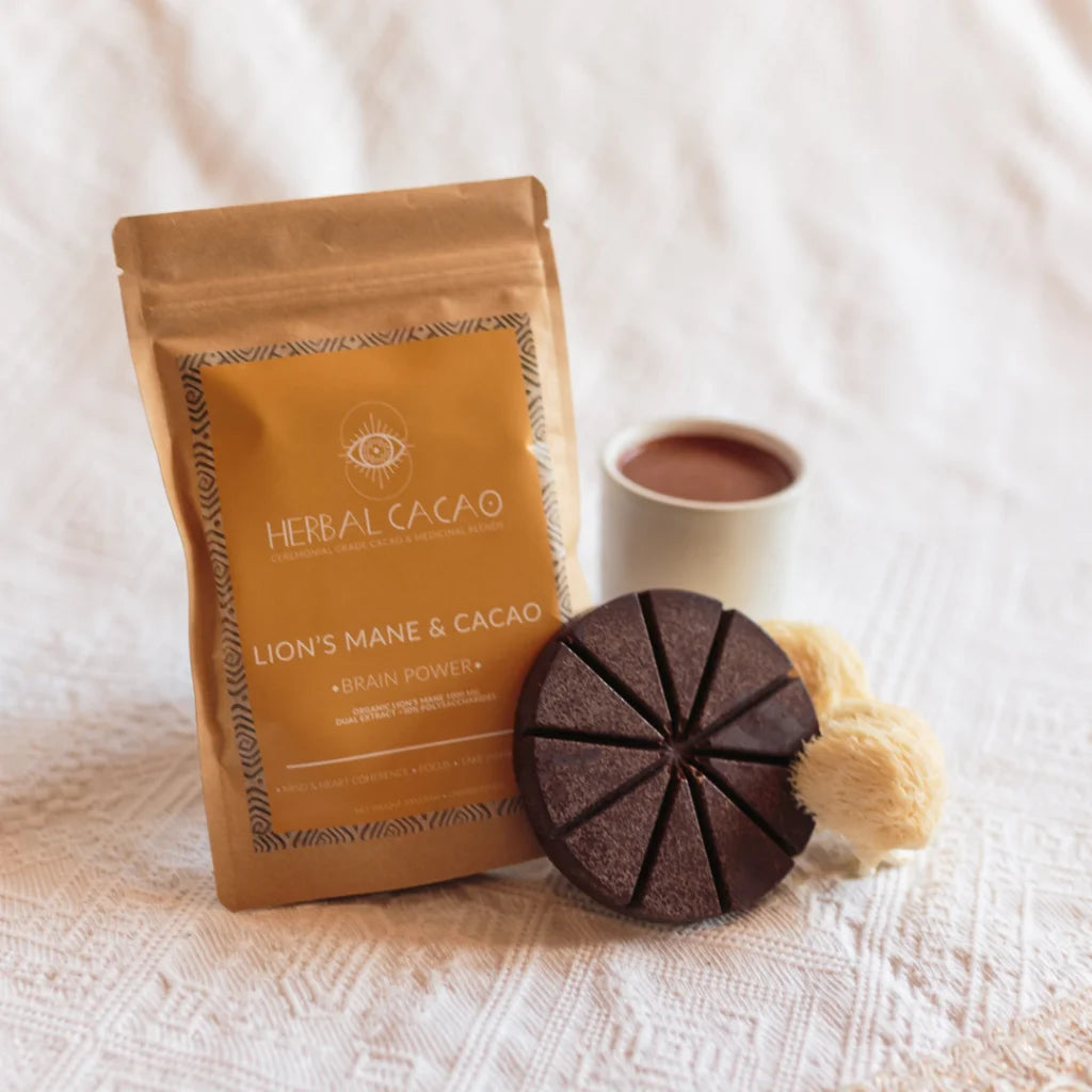 Lion's Mane mushroom and ceremonial cacao blend, enhancing cognitive function, focus, and mental clarity while promoting brain-heart coherence and inner clarity.