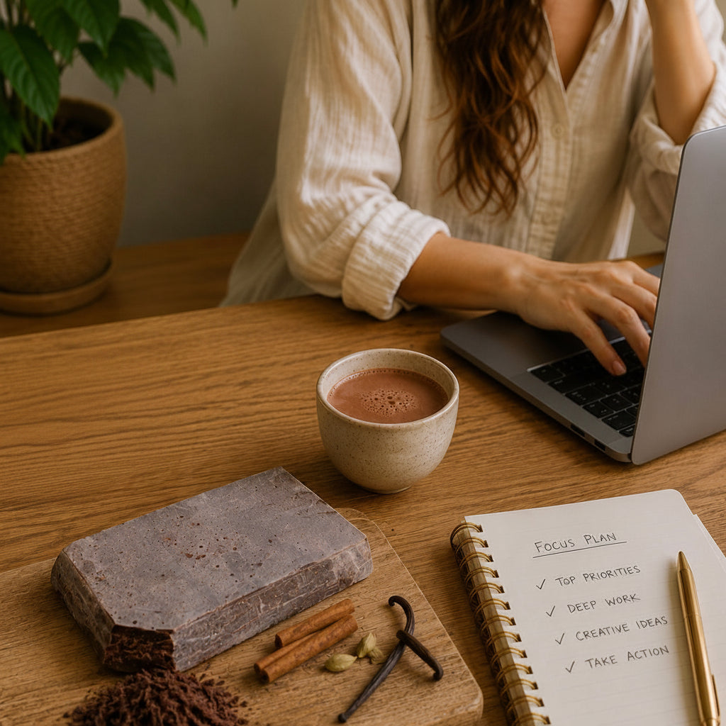 Person working on a laptop with a cup of cacao, and a notebook on a wooden table.