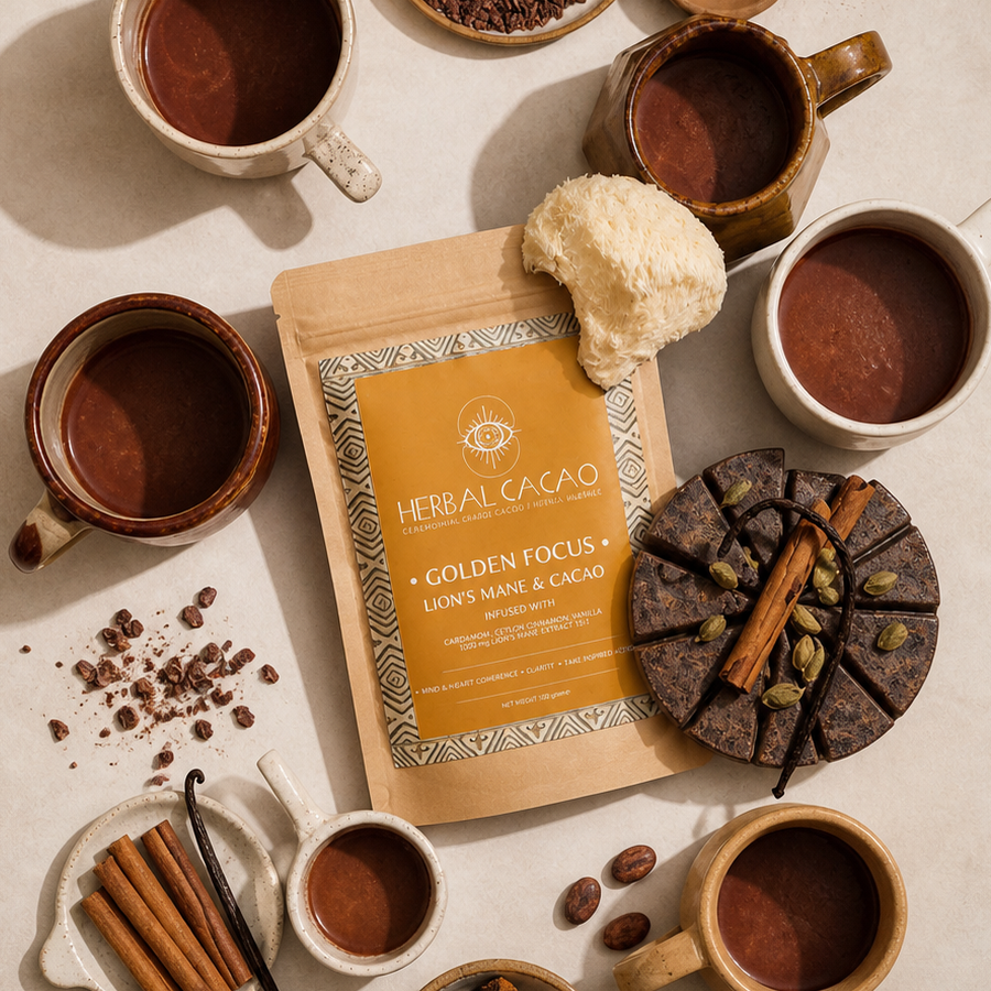Herbal Cacao lionsmane cacao blend including cacao mugs and ingredients on a beige surface.