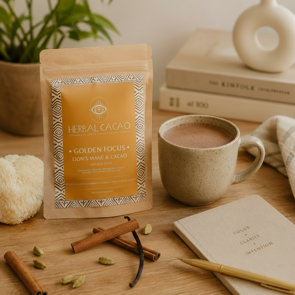 Herbal Cacao Golden Focus package with a cup of cacao on a wooden table.